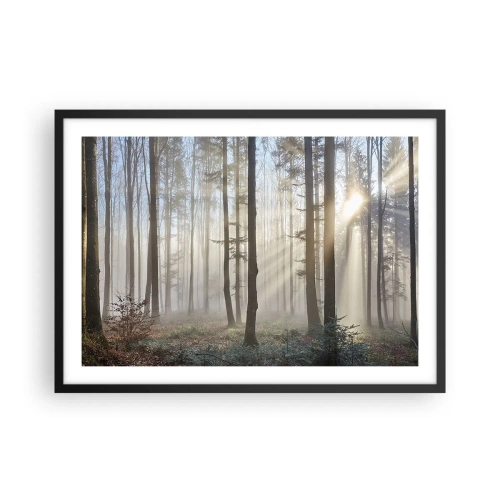 Poster in einem schwarzem Rahmen - Ein Wald in leichtem Nebel mit Sonnenstrahlen, die durch die Bäume scheinen - 70x50cm - Der Nebel ist auch aufgewacht - Moderne Wanddekoration für Wohnzimmer und Schlafzimmer ARTTOR