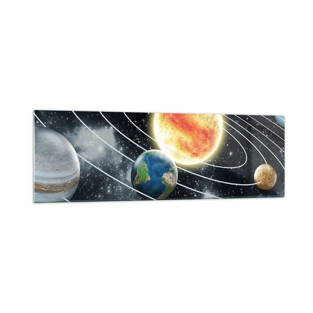 Glasbild - Bild auf glas - Sonnensystem mit Planeten und Sonne im Weltraum - 160x50cm - Kosmischer Tanz - Moderne Wanddekoration für Wohnzimmer und Schlafzimmer ARTTOR