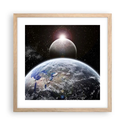 Poster in einem Rahmen aus heller Eiche - Weltraumlandschaft - Sonnenaufgang - 40x40 cm