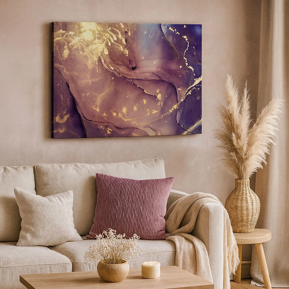 Bild auf Leinwand - Leinwandbild - Abstrakte Komposition mit Gold- und Lilatönen - 70x50cm - Materie und Geist - Moderne Wanddekoration für Wohnzimmer und Schlafzimmer ARTTOR