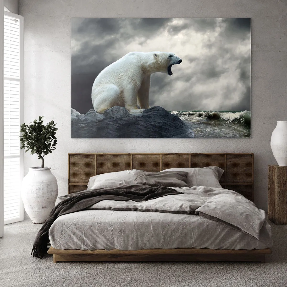 Glasbild - Bild auf glas - Ein Eisbär vor einem stürmischen Himmel - 70x50cm - Der einsame König der Arktis - Moderne Wanddekoration für Wohnzimmer und Schlafzimmer ARTTOR