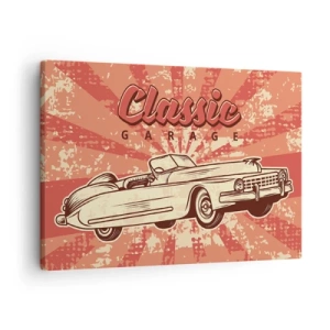 Bild auf Leinwand - Leinwandbild - Retro-Poster mit einem Oldtimer und der Aufschrift „Classic Garage“ - 70x50cm - Und im Radio, Elvis - Moderne Wanddekoration für Wohnzimmer und Schlafzimmer ARTTOR
