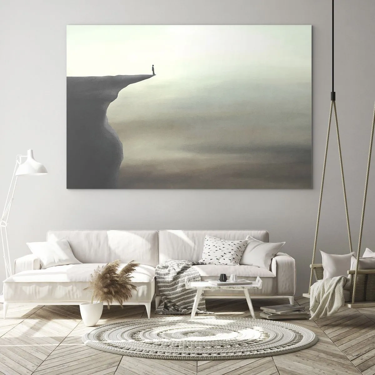Glasbild - Bild auf glas - Silhouette einer Person, die am Rand einer Klippe über dem Nebel steht - 100x70cm - Nach oben, natürlich! - Moderne Wanddekoration für Wohnzimmer und Schlafzimmer ARTTOR
