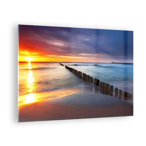 Glasbild - Bild auf glas - Sonnenuntergang über dem Meer mit hölzernen Wellenbrechern - 70x50cm - Lausche der Stille - Moderne Wanddekoration für Wohnzimmer und Schlafzimmer ARTTOR
