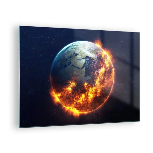 Glasbild - Bild auf glas - Erde im Weltraum von Flammen umgeben - 70x50cm - Die Flamme der Apokalypse - Moderne Wanddekoration für Wohnzimmer und Schlafzimmer ARTTOR