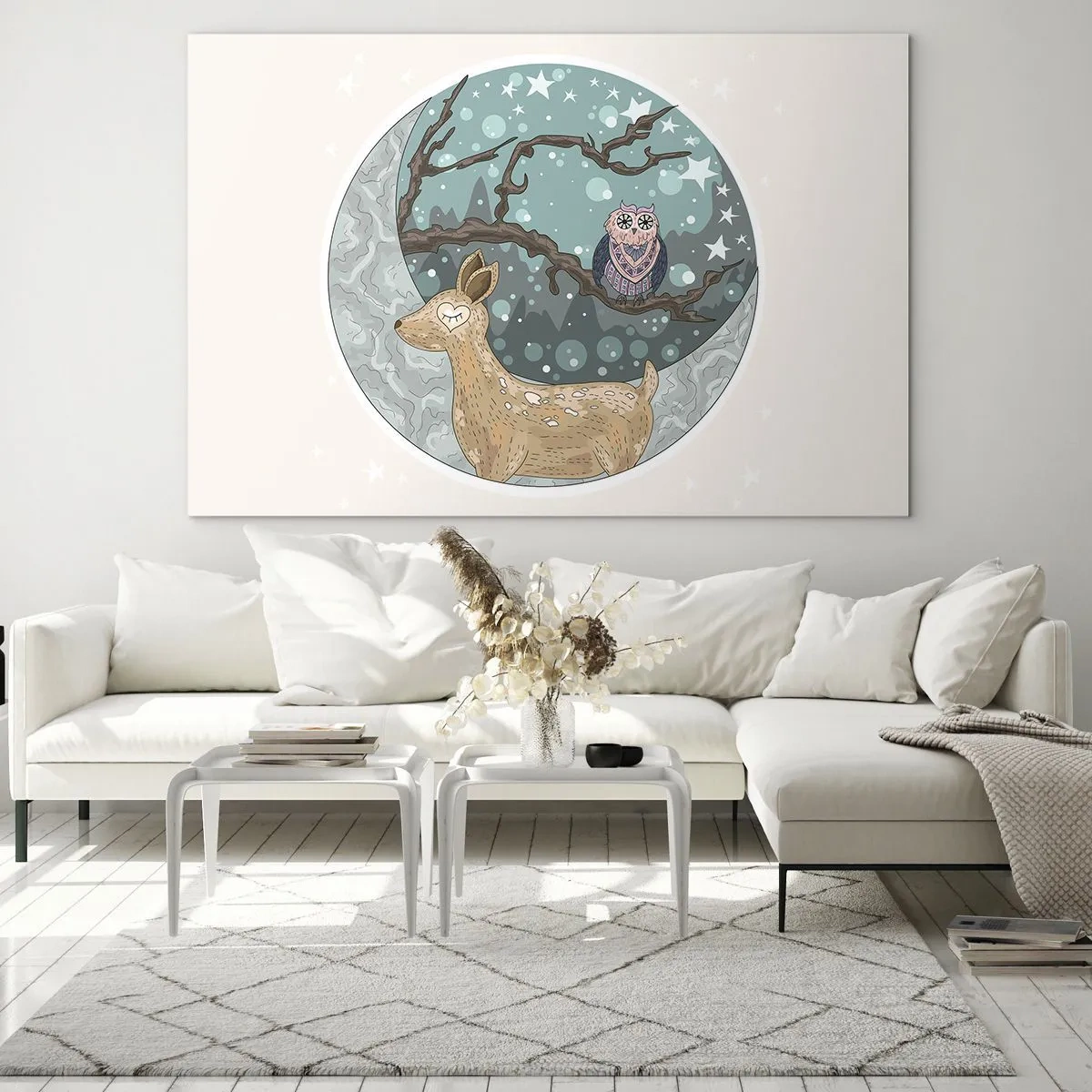 Glasbild - Bild auf glas - Illustration eines Hirsches und einer Eule in einer magischen Umgebung - 120x80cm - Eine märchenhafte Waldnacht - Moderne Wanddekoration für Wohnzimmer und Schlafzimmer ARTTOR