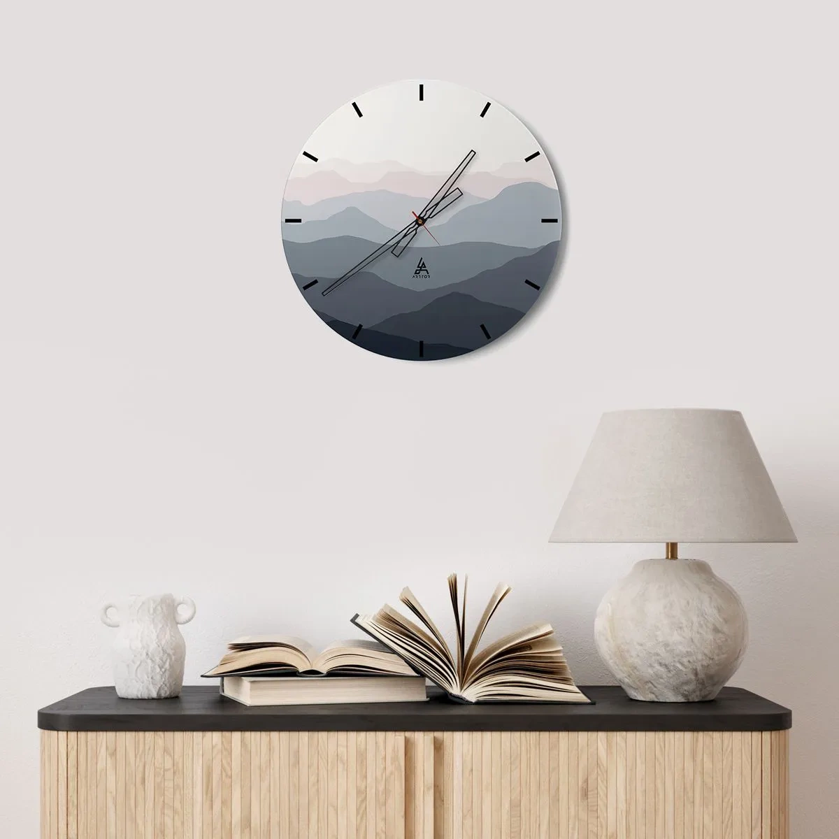 Wanduhr - Glasuhr - Eine minimalistische Berglandschaft in Pastellfarben - 30x30cm - Wellen der Berge - Moderne Wanddekoration für Wohnzimmer, Küche und Schlafzimmer ARTTOR
