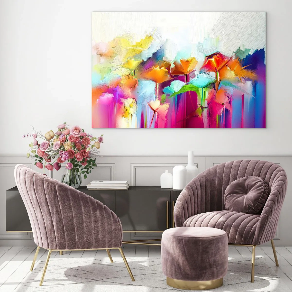 Glasbild - Bild auf glas - Abstrakte Blumen in intensiven Regenbogenfarben - 100x70cm - Der Regenbogen ist aufgeblüht - Moderne Wanddekoration für Wohnzimmer und Schlafzimmer ARTTOR