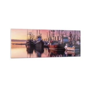Glasbild - Bild auf glas - Fischerboote im Hafen bei Sonnenuntergang - 140x50cm - Vor dem nächsten Tag - Moderne Wanddekoration für Wohnzimmer und Schlafzimmer ARTTOR