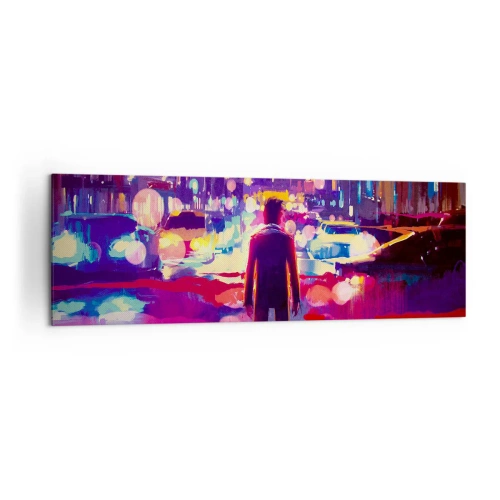 Bild auf Leinwand - Leinwandbild - Ein Mann in einer neonfarbenen Nachtszene einer Stadt - 160x50cm - Eingetaucht in das Licht - Moderne Wanddekoration für Wohnzimmer und Schlafzimmer ARTTOR