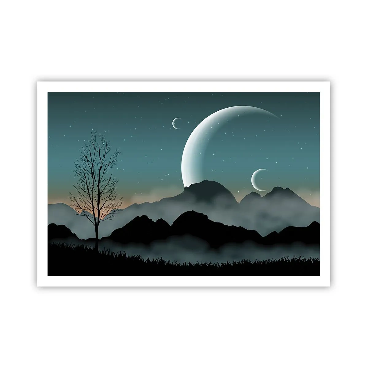 Poster - Neblige Berge mit dem Mond und einem einsamen Baum - 100x70cm - Karneval in der Sternenacht - Moderne Wanddekoration für Wohnzimmer und Schlafzimmer ARTTOR
