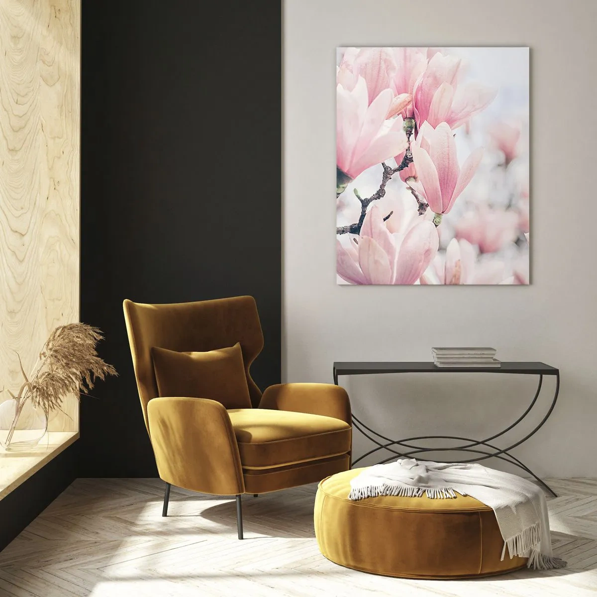 Glasbild - Bild auf glas - Dezente Magnolienblüten in zarten Rosatönen - 80x120cm - Das Ideal der Subtilität - Moderne Wanddekoration für Wohnzimmer und Schlafzimmer ARTTOR