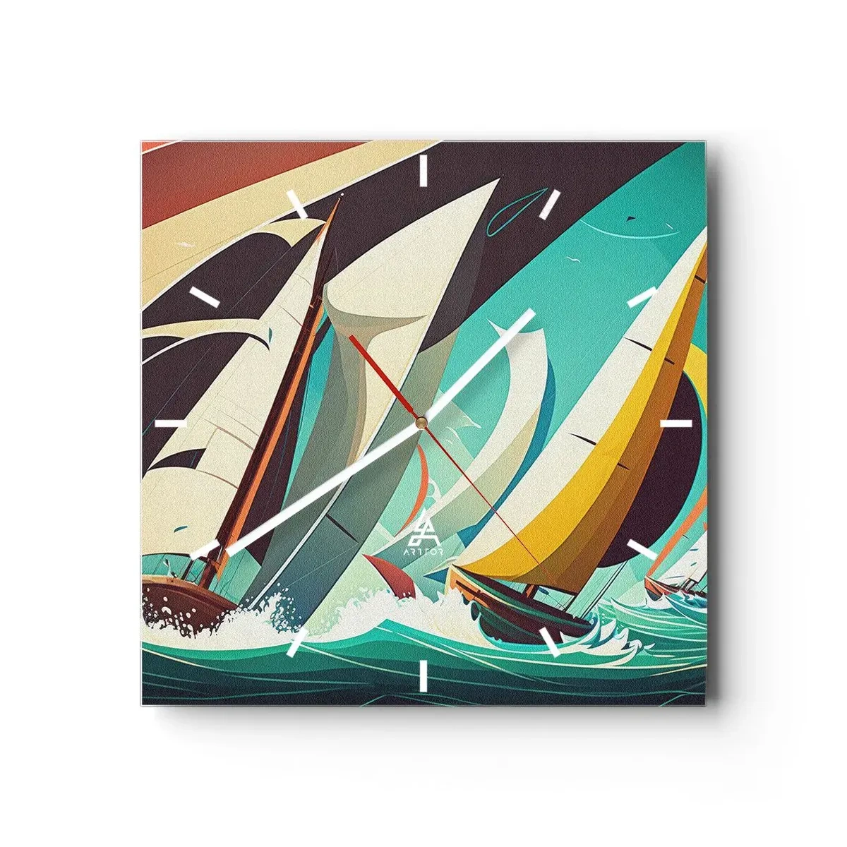 Wanduhr - Glasuhr - Eine dynamische Illustration von Segelbooten in stürmischer See. - 30x30cm - Viel Glück mit den Elementen - Moderne Wanddekoration für Wohnzimmer und Schlafzimmer ARTTOR