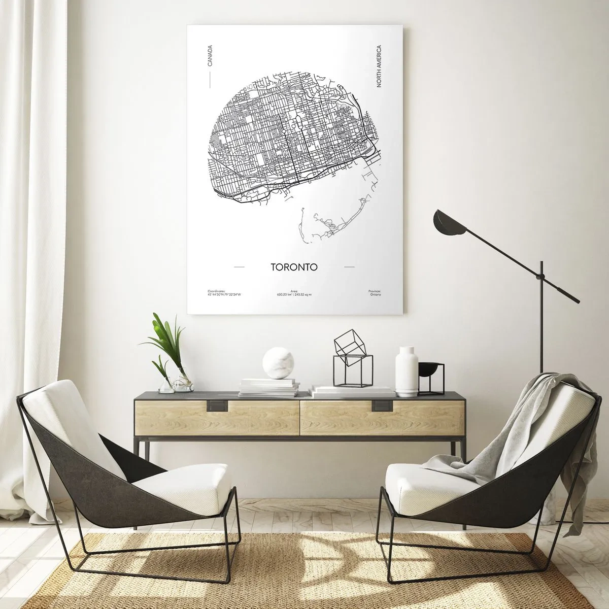 Glasbild - Bild auf glas - Eine Karte von Toronto im minimalistischen Schwarz-Weiß-Stil - 70x100cm - Anatomie von Toronto - Moderne Wanddekoration für Wohnzimmer und Schlafzimmer ARTTOR