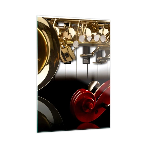 Glasbild - Bild auf glas - Saxophon, Keyboard und Bogen in kunstvoller Komposition - 50x70cm - Blech, Holz und Elfenbein - Moderne Wanddekoration für Wohnzimmer und Schlafzimmer ARTTOR