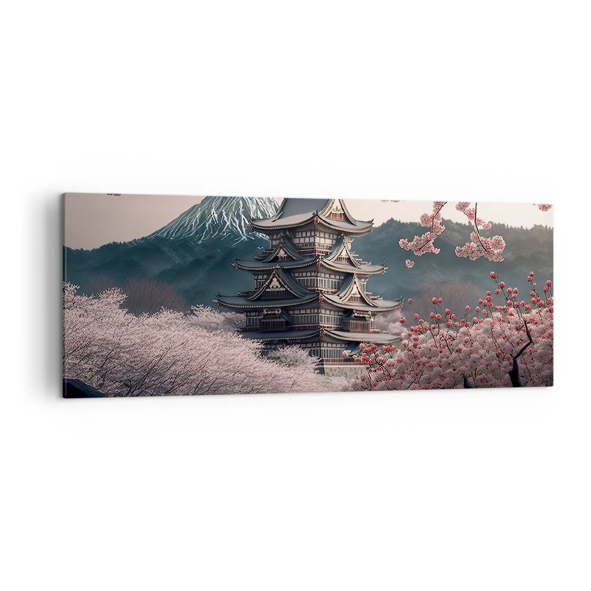 Bild auf Leinwand - Leinwandbild - Ein japanischer Tempel, umgeben von Kirschblüten und Bergen - 140x50cm - Land der Kirschblüten - Moderne Wanddekoration für Wohnzimmer und Schlafzimmer ARTTOR