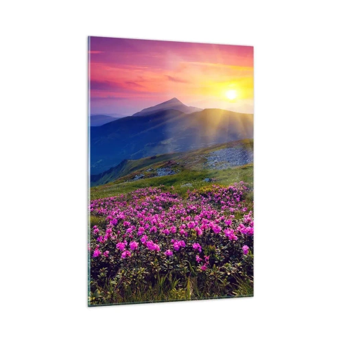 Glasbild - Bild auf glas - Eine blühende Wiese mit Blick auf die Berge bei Sonnenuntergang - 80x120cm - … Und drumherum duftet es nach Latschenkiefer und dem Duft von Kräutern - Moderne Wanddekoration für Wohnzimmer und Schlafzimmer ARTTOR