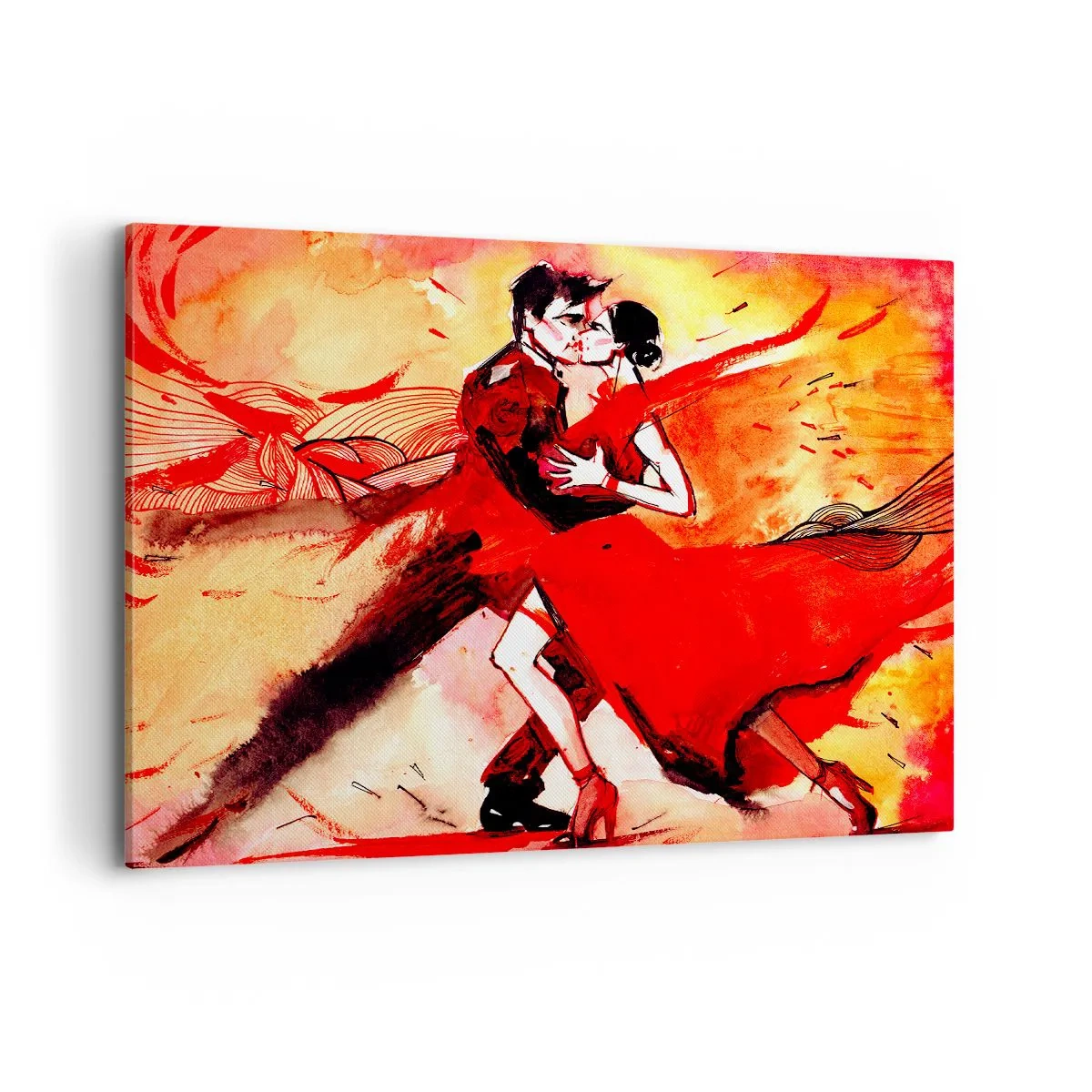 Bild auf Leinwand - Leinwandbild - Ein Paar tanzt Tango in Rottönen vor einem dynamischen Hintergrund. - 100x70cm - Der violette Rhythmus der Leidenschaft - Moderne Wanddekoration für Wohnzimmer und Schlafzimmer ARTTOR