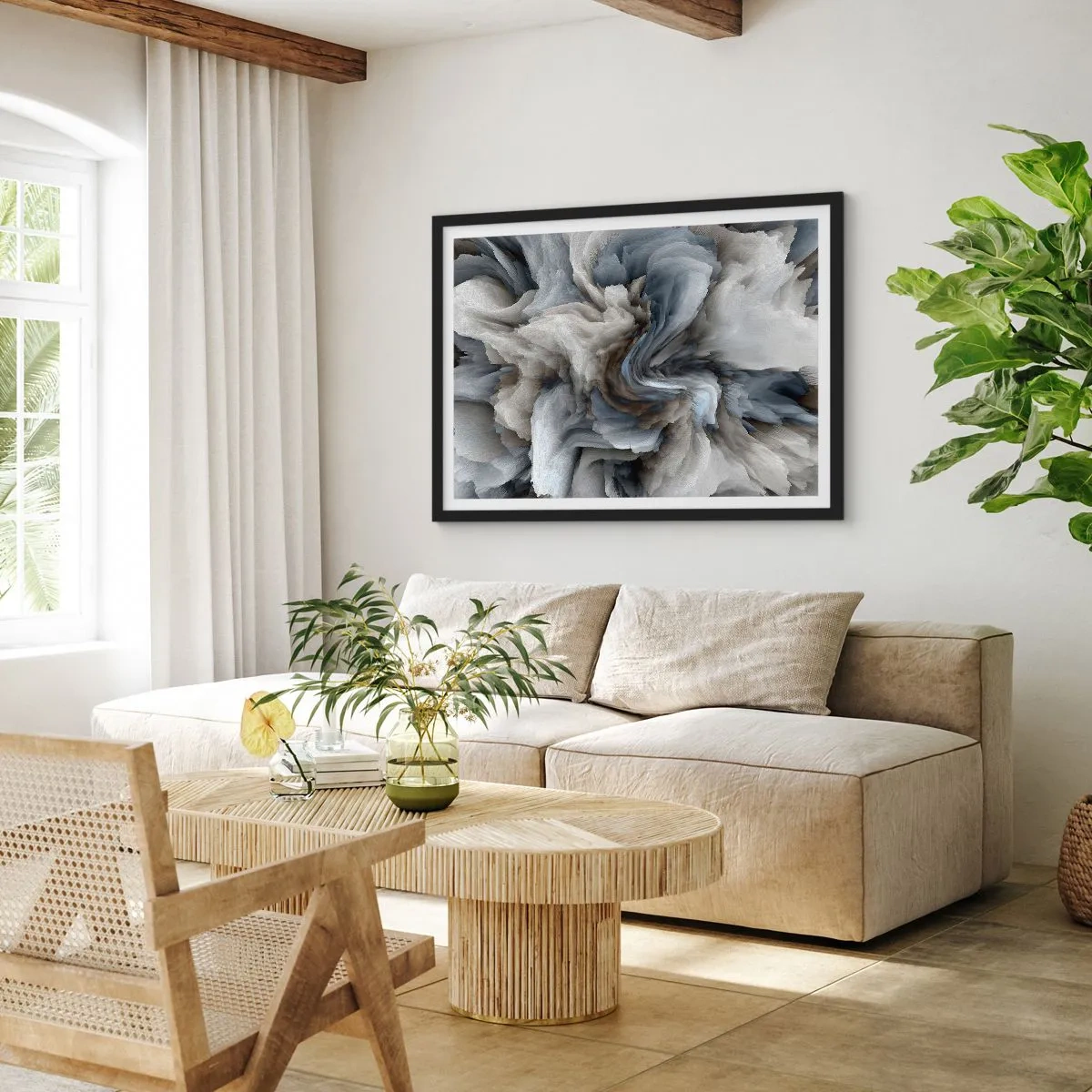 Poster in einem schwarzem Rahmen - Abstrakter Wirbel in Grau- und Blautönen - 70x50cm - Stein und Blume - Moderne Wanddekoration für Wohnzimmer und Schlafzimmer ARTTOR