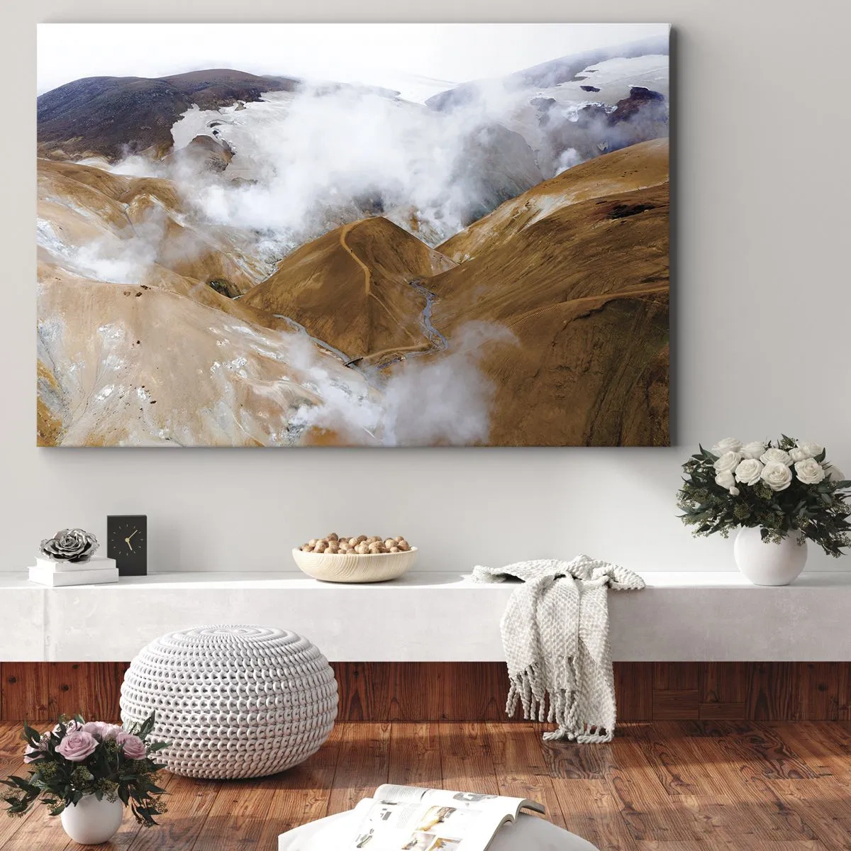 Bild auf Leinwand - Leinwandbild - Eine Berglandschaft mit Dampf in einem rauen Klima - 70x50cm - Islands rohe Schönheit - Moderne Wanddekoration für Wohnzimmer und Schlafzimmer ARTTOR