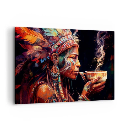 Bild auf Leinwand - Leinwandbild - Eine farbenfrohe Figur im Ethno-Stil mit einer Tasse dampfenden Getränks - 120x80cm - Magisches Ritual - Moderne Wanddekoration für Wohnzimmer und Schlafzimmer ARTTOR