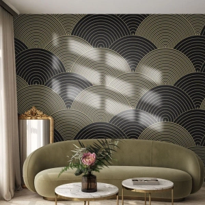 Fototapete Premium Sand - Goldene Halbkreise bilden ein japanisches Muster auf Schwarz - 100x70cm - Einheit in der Vielfalt - Moderne Wanddekoration für Wohnzimmer und Schlafzimmer ARTTOR