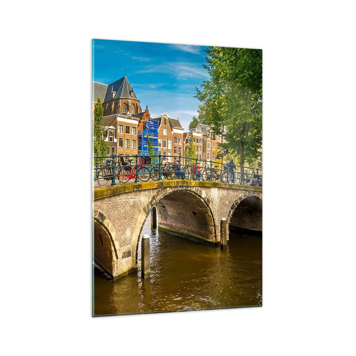 Glasbild - Bild auf glas - Ein malerischer Kanal mit einer Brücke in Amsterdam - 70x100cm - Frühling am Kanal - Moderne Wanddekoration für Wohnzimmer und Schlafzimmer ARTTOR