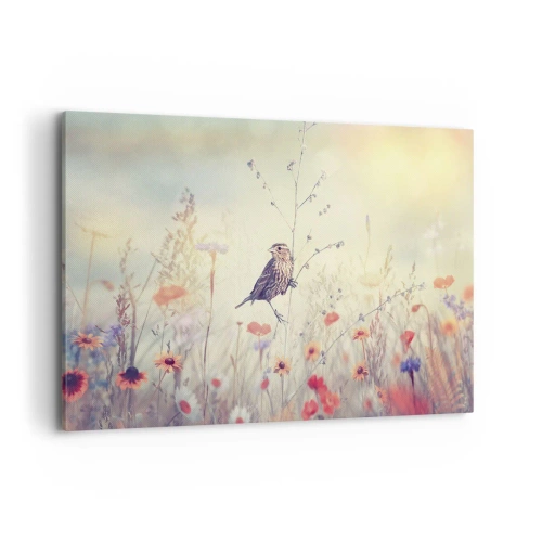Bild auf Leinwand - Leinwandbild - Ein Vogel vor dem Hintergrund einer bunten Wiese in Pastellfarben - 120x80cm - Vogelporträt mit einer Wiese im Hintergrund - Moderne Wanddekoration für Wohnzimmer und Schlafzimmer ARTTOR