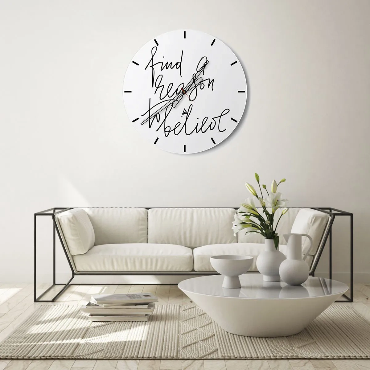 Wanduhr - Glasuhr - Minimalistische Aufschrift „Finde einen Grund zu glauben“ auf weißem Hintergrund - 30x30cm - Es ist möglich - Moderne Wanddekoration für Wohnzimmer, Küche und Schlafzimmer ARTTOR