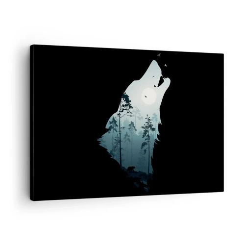 Bild auf Leinwand - Leinwandbild - Silhouette eines Wolfes mit Wald und Mond im Hintergrund - 70x50cm - Die Stimme der Waldnacht - Moderne Wanddekoration für Wohnzimmer und Schlafzimmer ARTTOR