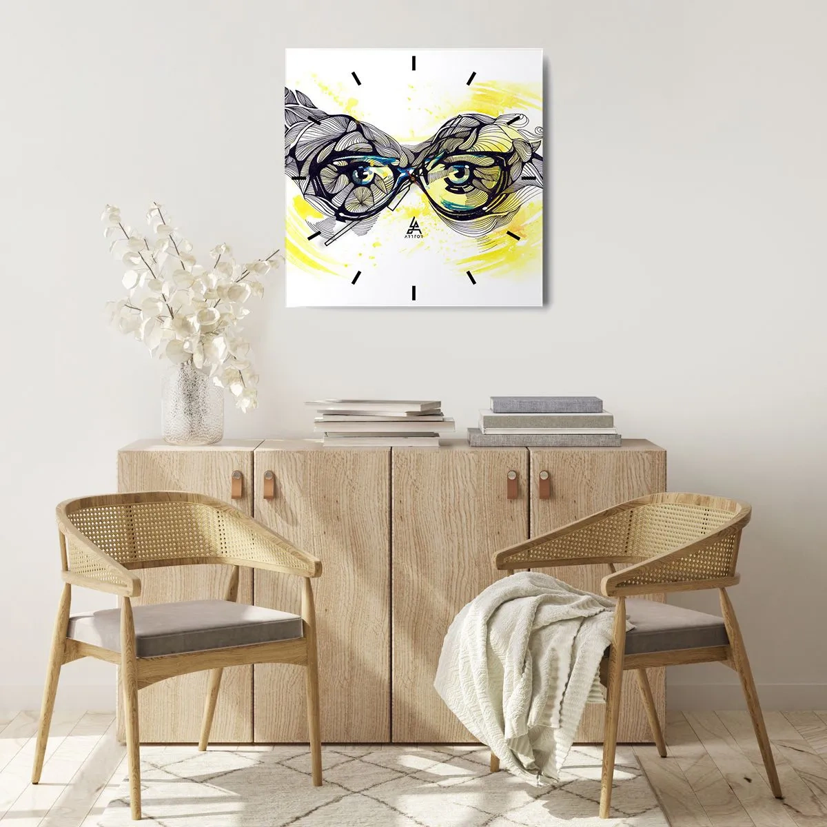 Wanduhr - Glasuhr - Künstlerische Grafik einer Brille mit ausdrucksstarken Augen - 30x30cm - Durch blaue Brille - Moderne Wanddekoration für Wohnzimmer und Schlafzimmer ARTTOR