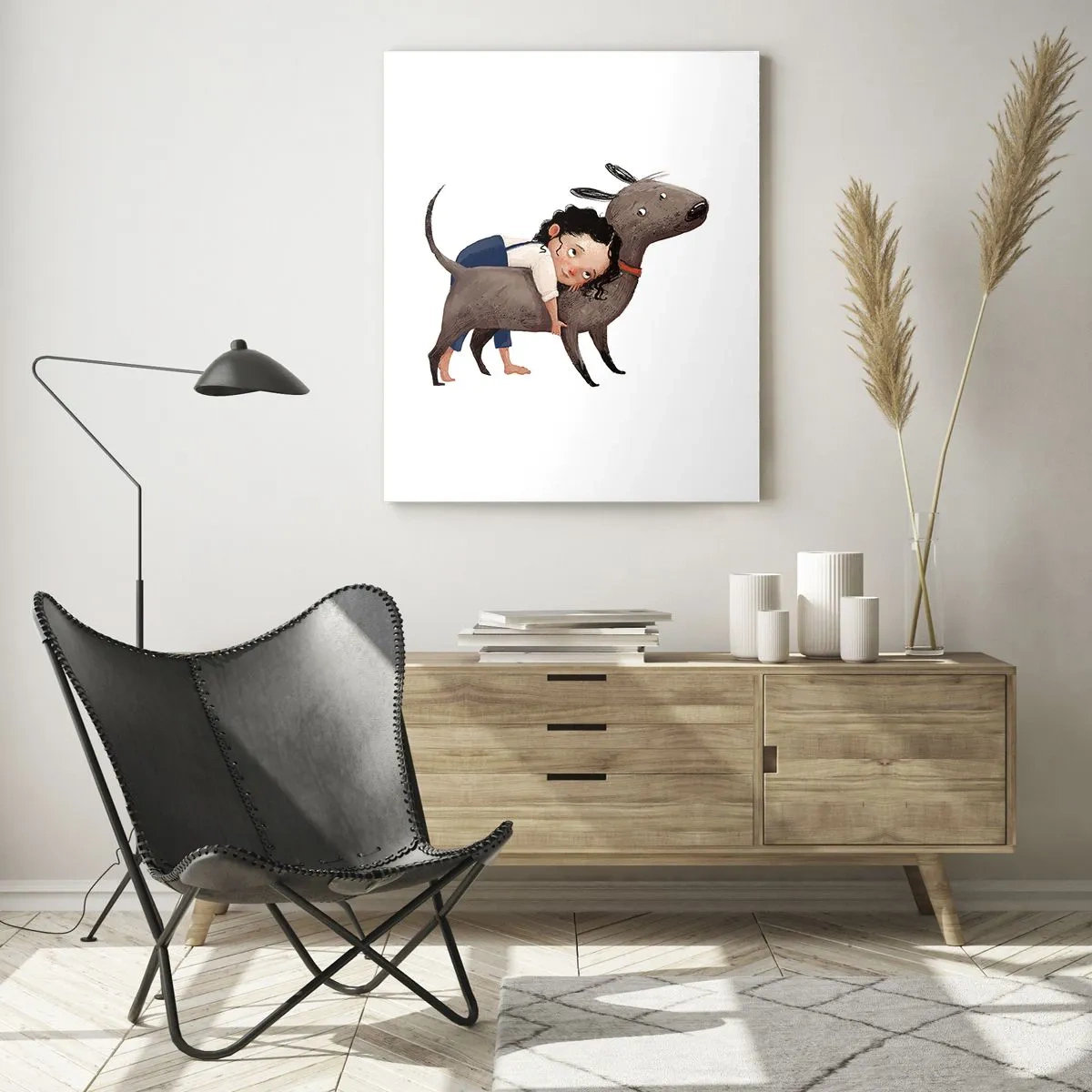 Glasbild - Bild auf glas - Ein Mädchen umarmt einen großen Hund auf weißem Hintergrund - 50x70cm - Beste Freunde - Moderne Wanddekoration für Wohnzimmer und Schlafzimmer ARTTOR