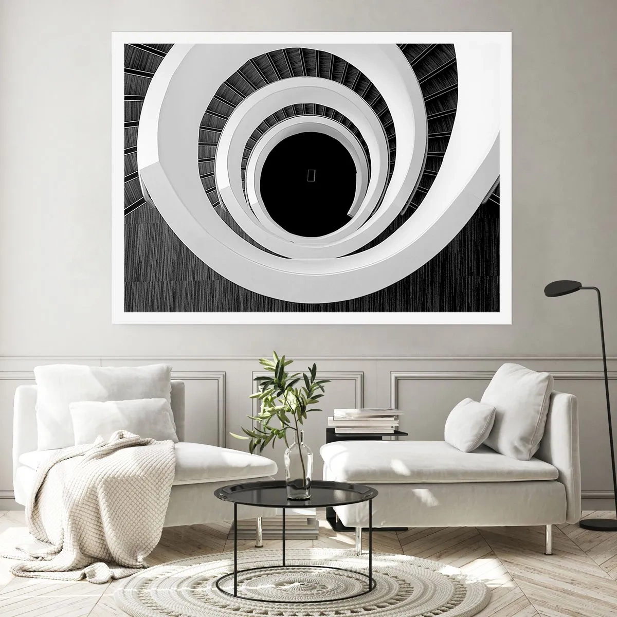 Poster - Schwarz-weiße Wendeltreppe im modernen Stil - 100x70cm - Zum Kern der Sache - Moderne Wanddekoration für Wohnzimmer und Schlafzimmer ARTTOR