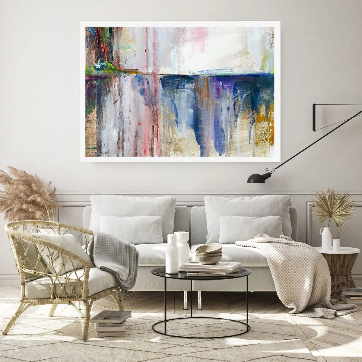 Poster - Eine abstrakte Farbkomposition mit Reflexionseffekt auf der Leinwand. - 100x70cm - Bunte Eindrücke und Assoziationen - Moderne Wanddekoration für Wohnzimmer und Schlafzimmer ARTTOR