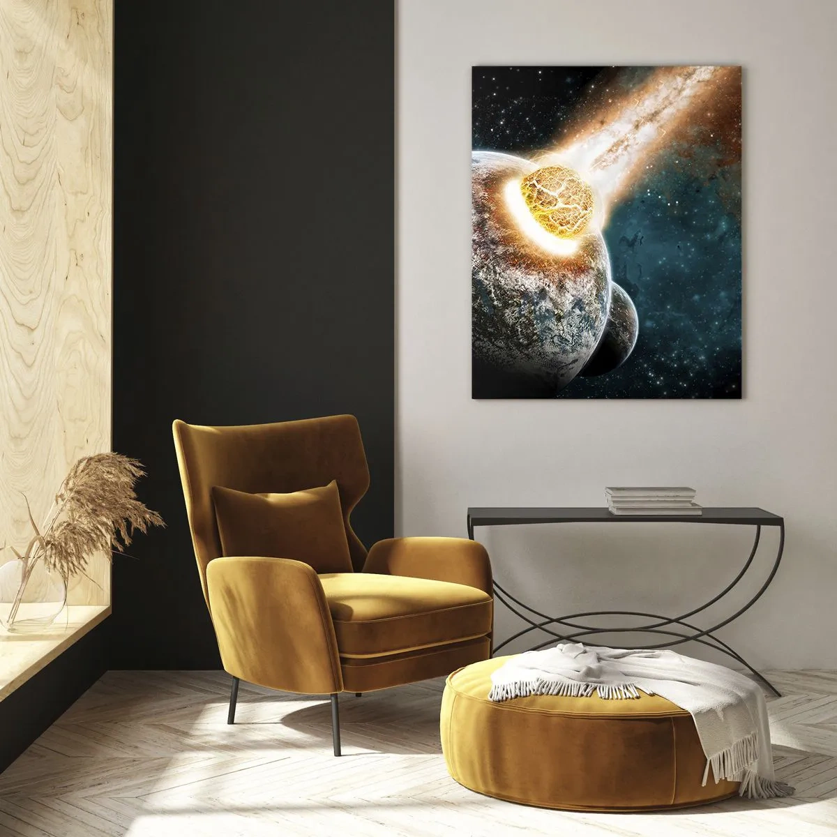 Glasbild - Bild auf glas - Kosmische Kollision eines Planeten mit einem Asteroiden in der Nähe der Galaxie. - 80x120cm - Holocaust oder Geburt? - Moderne Wanddekoration für Wohnzimmer und Schlafzimmer ARTTOR