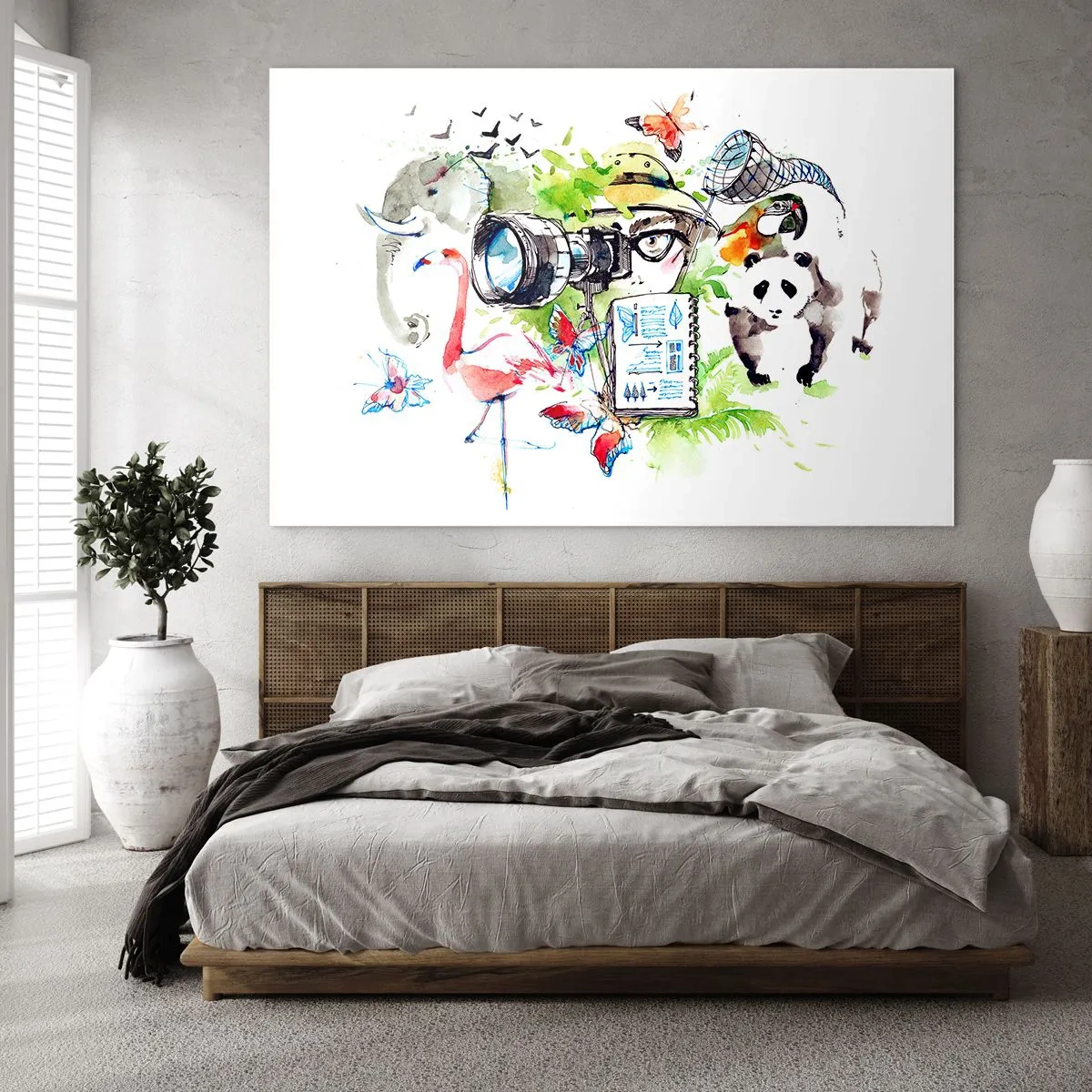 Glasbild - Bild auf glas - Illustration eines Fotografen mit einer Kamera und Tieren - 70x50cm - In der Linse eines Reisenden - Moderne Wanddekoration für Wohnzimmer und Schlafzimmer ARTTOR