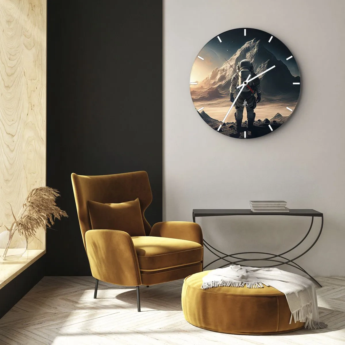 Wanduhr - Glasuhr - Ein Astronaut betrachtet eine Weltraumlandschaft mit einem Berg - 30x30cm - Neue Herausforderung - Moderne Wanddekoration für Wohnzimmer, Küche und Schlafzimmer ARTTOR