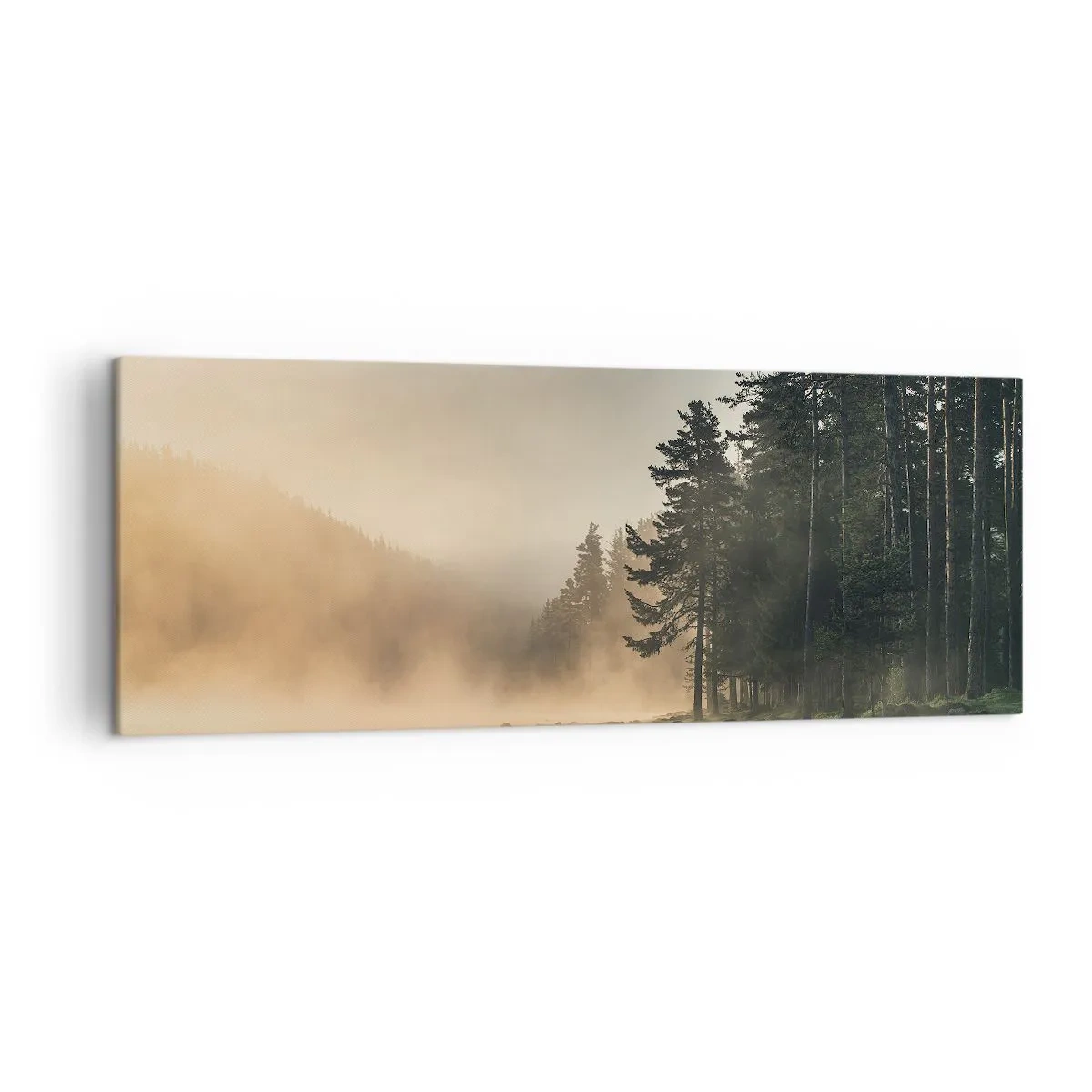 Bild auf Leinwand - Leinwandbild - Ein nebliger Wald über einem ruhigen See - 140x50cm - Die Geburt des Tages - Moderne Wanddekoration für Wohnzimmer und Schlafzimmer ARTTOR
