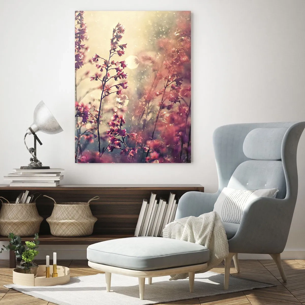 Glasbild - Bild auf glas - Blumen im Sonnenlicht im sanften Regen - 50x70cm - Geheimnisvoller Garten - Moderne Wanddekoration für Wohnzimmer und Schlafzimmer ARTTOR