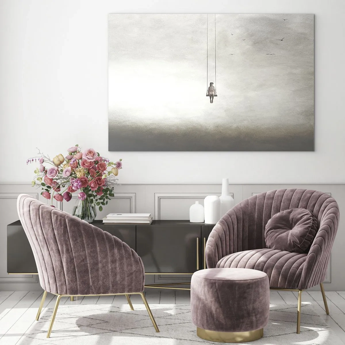 Glasbild - Bild auf glas - Eine Figur auf einer Schaukel, die im Himmel schwebt - 120x80cm - Ein Kind in uns - Moderne Wanddekoration für Wohnzimmer und Schlafzimmer ARTTOR