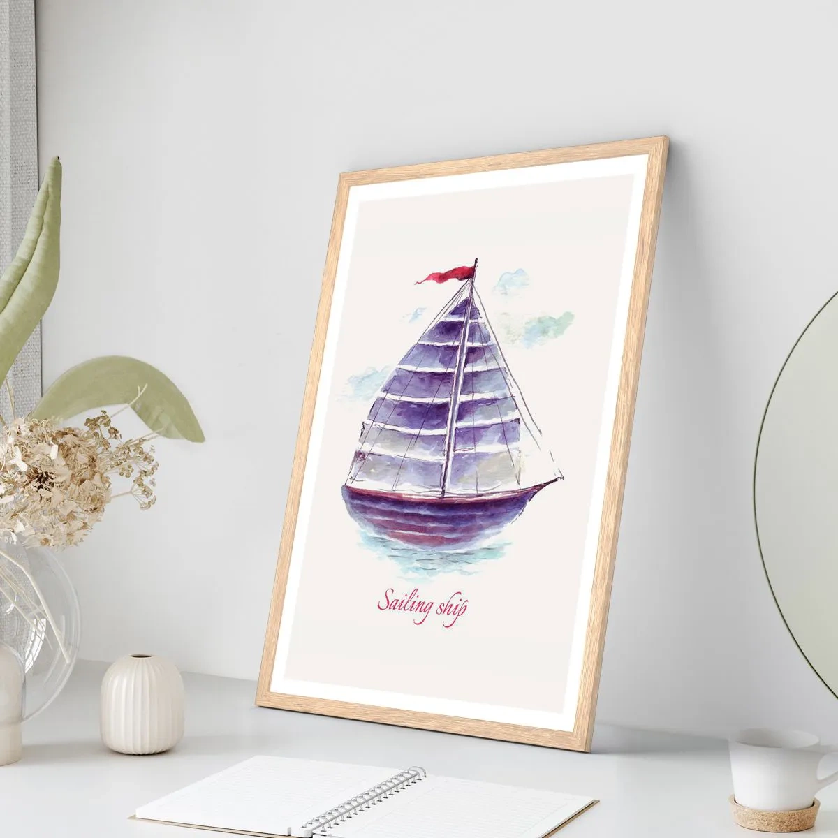 Poster in einem Rahmen aus heller Eiche - Volle Segel und ruhiges Wasser - 30x40 cm