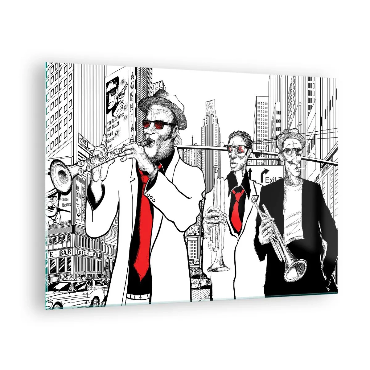 Glasbild - Bild auf glas - Eine Jazz-Straßenband mit modernem Grafikstil. - 70x50cm - Urbane Rhapsodie in Schwarz und Rot - Moderne Wanddekoration für Wohnzimmer und Schlafzimmer ARTTOR