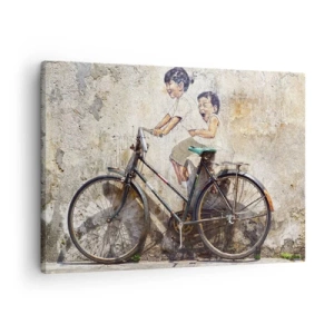 Bild auf Leinwand - Leinwandbild - Streetart mit Fahrrad und Kinderzeichnungen an der Wand - 70x50cm - Richtig oder falsch? - Moderne Wanddekoration für Wohnzimmer und Schlafzimmer ARTTOR