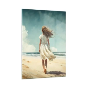Glasbild - Bild auf glas - Eine Frau in einem weißen Kleid läuft barfuß an einem sonnigen Strand - 50x70cm - Der Sonne und dem Wind begegnen - Moderne Wanddekoration für Wohnzimmer und Schlafzimmer ARTTOR