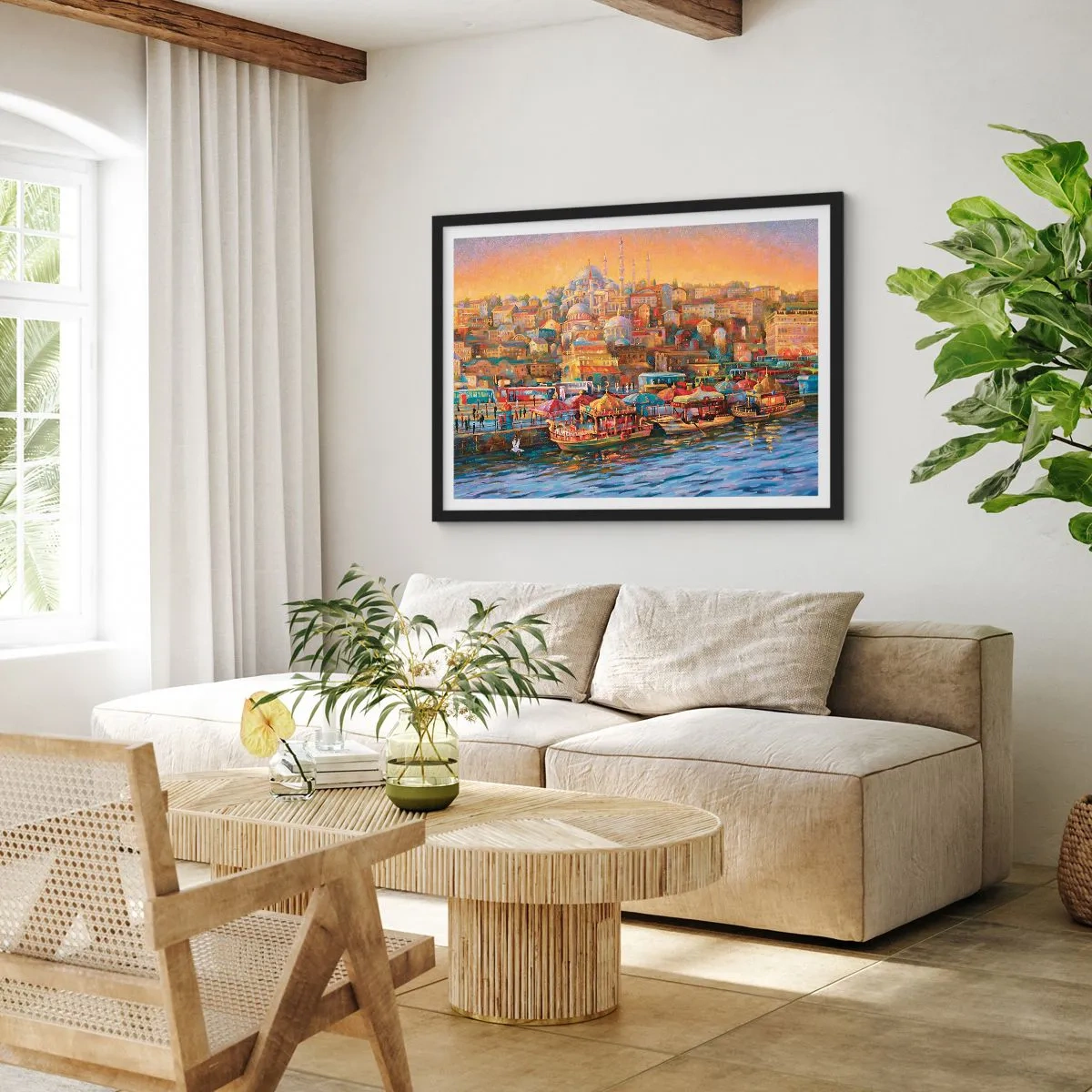 Poster in einem schwarzem Rahmen - Malerisches Panorama von Istanbul mit Blick auf die Bucht und die Stadt - 100x70cm - Istanbuler Geschichte - Moderne Wanddekoration für Wohnzimmer und Schlafzimmer ARTTOR