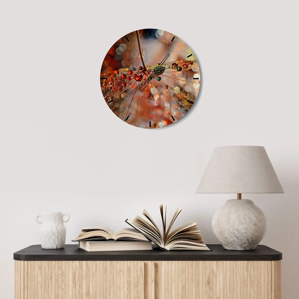 Wanduhr - Glasuhr - Tautropfen auf Spinnennetz im Morgenlicht - 30x30cm - Auf einem Spinnenfaden aufgefädelt - Moderne Wanddekoration für Wohnzimmer, Küche und Schlafzimmer ARTTOR