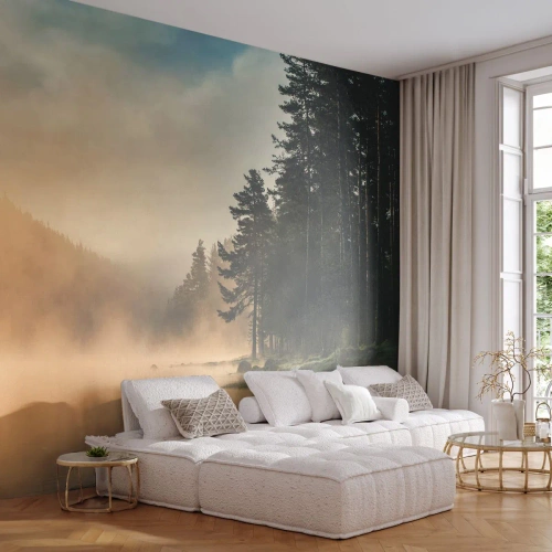 Fototapete Premium Sand - Nebliger Wald am See bei Sonnenaufgang - 100x70cm - Die Geburt des Tages - Moderne Wanddekoration für Wohnzimmer und Schlafzimmer ARTTOR