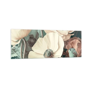Glasbild - Bild auf glas - Elegante Blumen in Pastelltönen auf grünem Hintergrund - 140x50cm - Flüstern von Mohnblumen - Moderne Wanddekoration für Wohnzimmer und Schlafzimmer ARTTOR