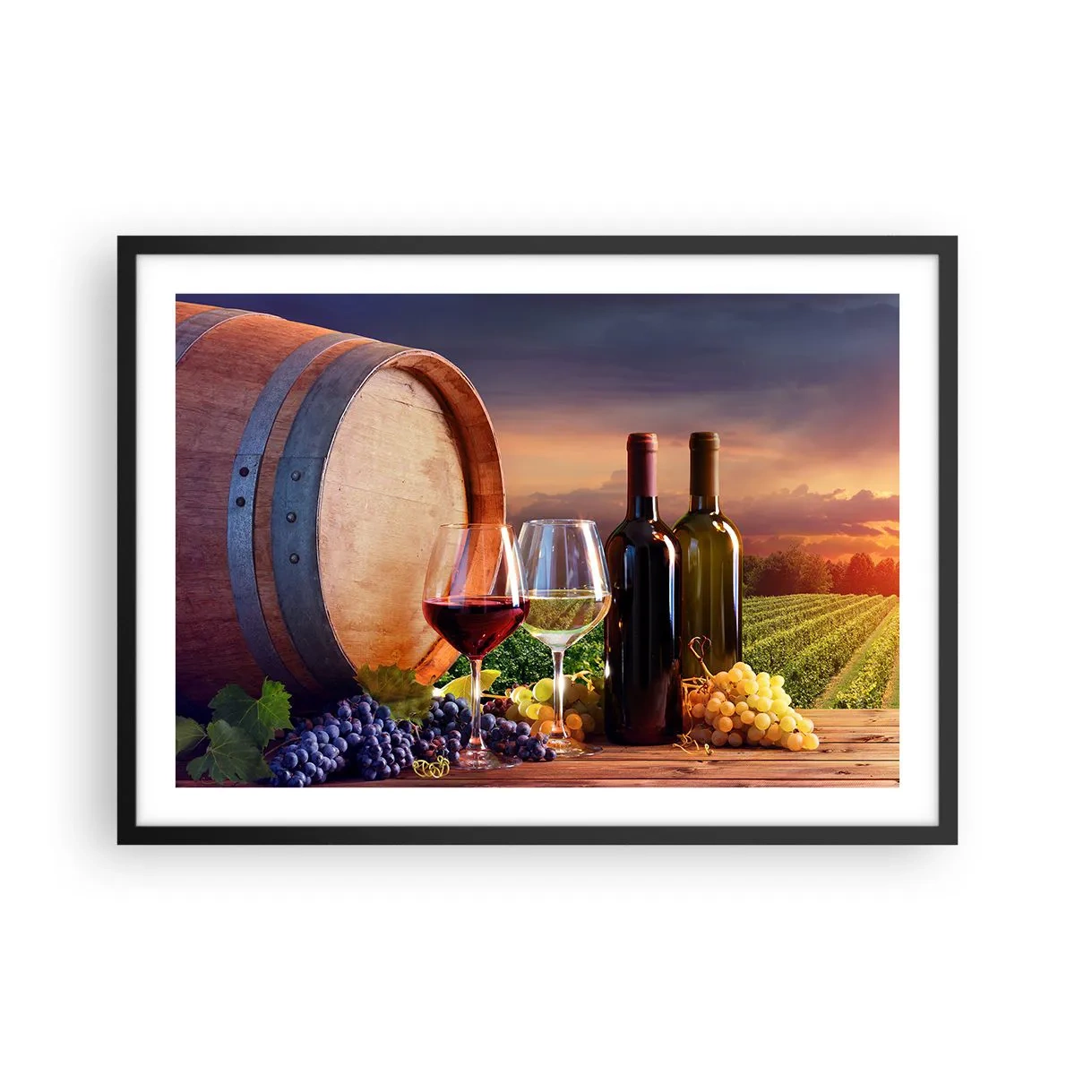 Poster in einem schwarzem Rahmen - Wein, Gläser und ein Fass in einer malerischen Landschaft - 70x50cm - Hier schmeckt das Leben - Moderne Wanddekoration für Wohnzimmer und Schlafzimmer ARTTOR
