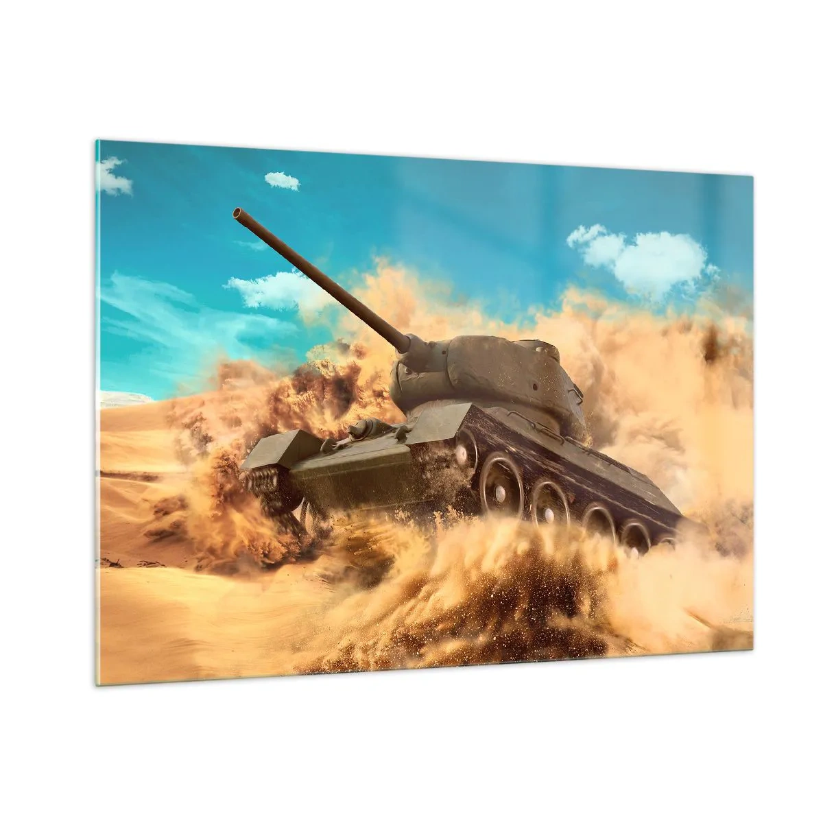 Glasbild - Bild auf glas - Ein Panzer in Bewegung in einer Wüste mit Staubwolken und strahlendem Himmel - 100x70cm - Nicht zu besiegen - Moderne Wanddekoration für Wohnzimmer und Schlafzimmer ARTTOR